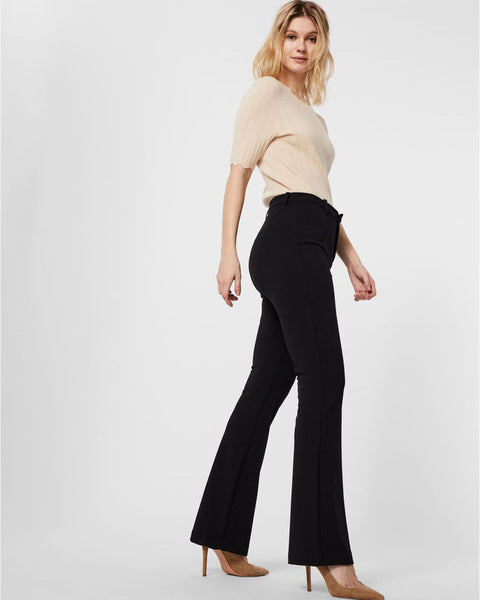 Women's black high-waisted flare pants featuring a sleek tailored silhouette and elongating fit.