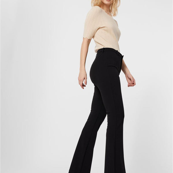 Women's black high-waisted flare pants featuring a sleek tailored silhouette and elongating fit.