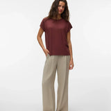 Women's boutique burgundy T-shirt with lace shoulder inserts, soft drape, and flattering casual fit for all seasons.