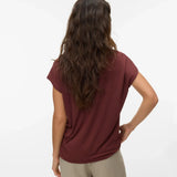 Casual women's berry red blouse featuring feminine lace trim, soft stretch fabric, and timeless minimalist styling.