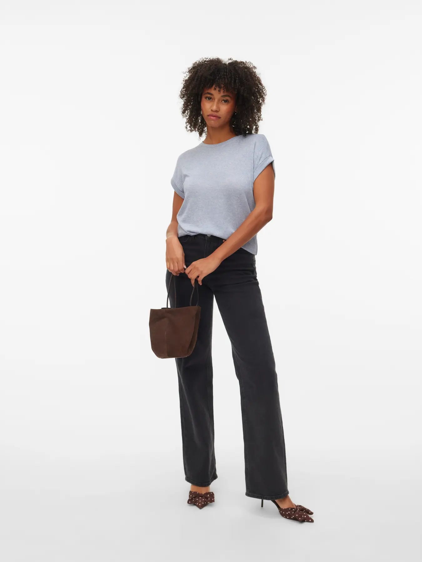 Soft heather blue lightweight knit top featuring a classic crew neck, rolled sleeves and relaxed silhouette for year-round women's fashion.