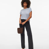 Soft heather blue lightweight knit top featuring a classic crew neck, rolled sleeves and relaxed silhouette for year-round women's fashion.