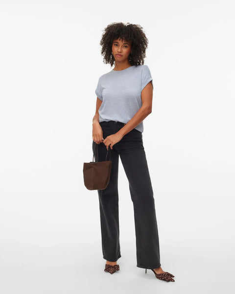 Soft heather blue lightweight knit top featuring a classic crew neck, rolled sleeves and relaxed silhouette for year-round women's fashion.