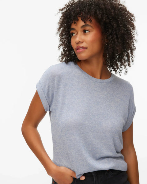 Women's light blue fine-knit sweater with crew neckline, rolled short sleeves and relaxed fit for effortless everyday style and casual elegance.