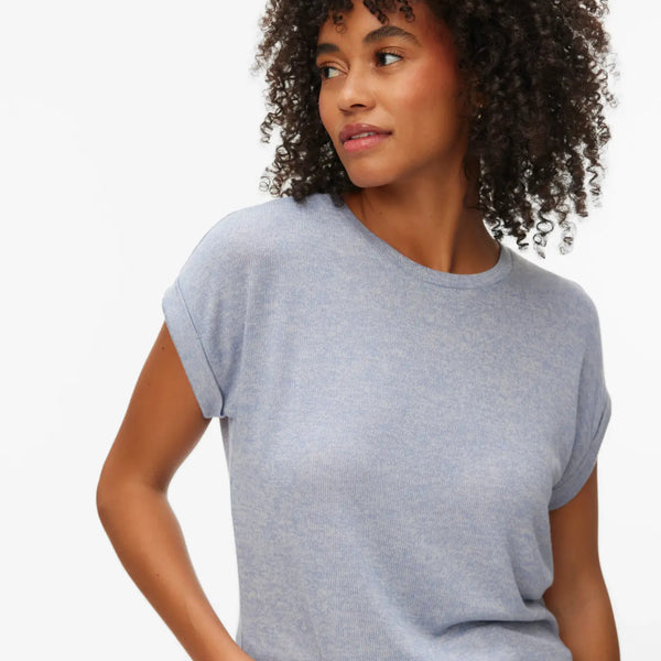Women's light blue fine-knit sweater with crew neckline, rolled short sleeves and relaxed fit for effortless everyday style and casual elegance.