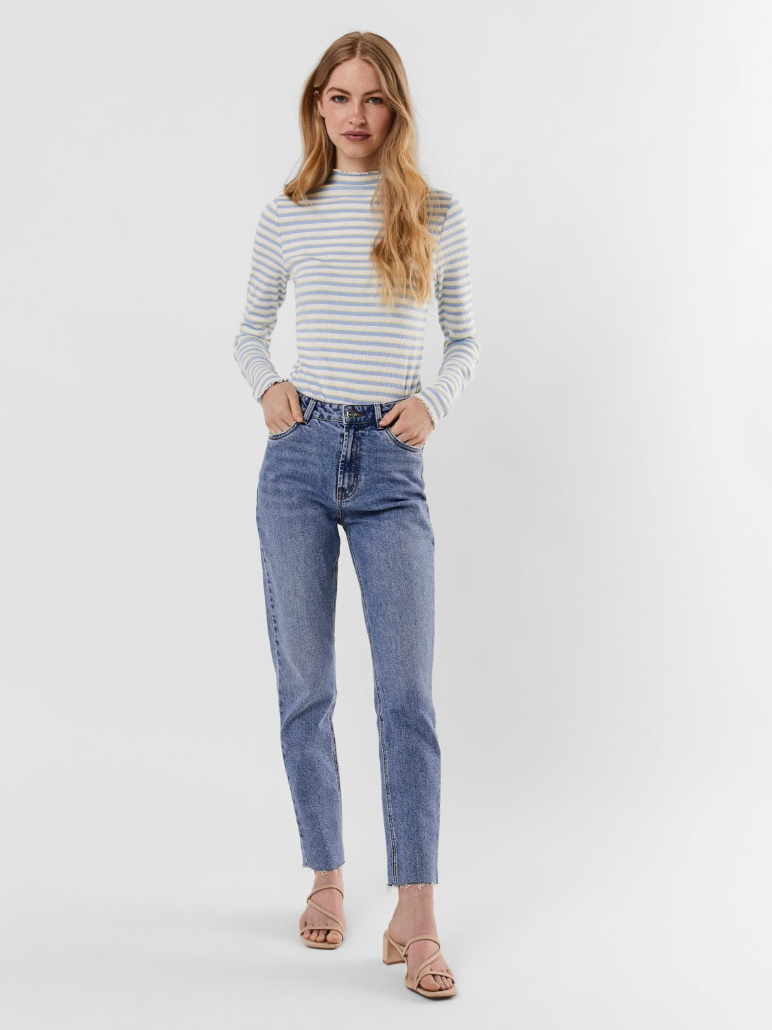 Women's light wash straight leg jeans featuring a flattering high-rise waist and cropped ankle-length fit.