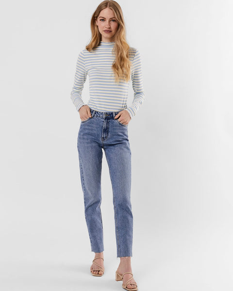 Women's light wash straight leg jeans featuring a flattering high-rise waist and cropped ankle-length fit.