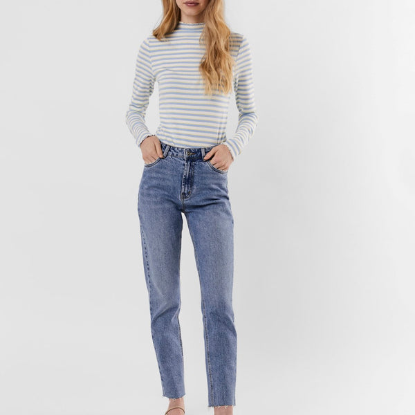 Women's light wash straight leg jeans featuring a flattering high-rise waist and cropped ankle-length fit.