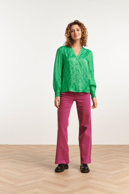Bright green satin shirt for women with luxe textured print and flowy fit for trendy casual and dressy outfits.