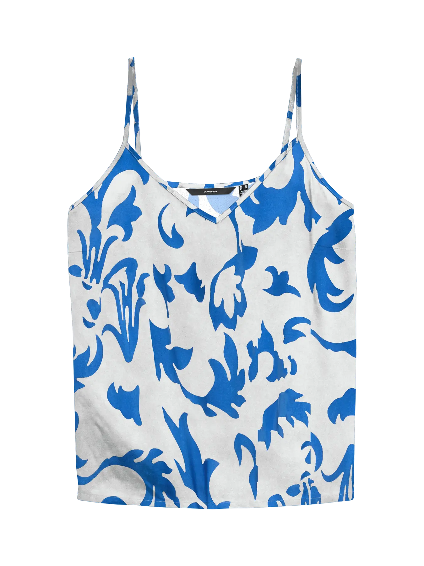 Elegant Mediterranean-inspired singlet with cobalt blue floral scroll print, lightweight fabric and relaxed vacation-ready fit.
