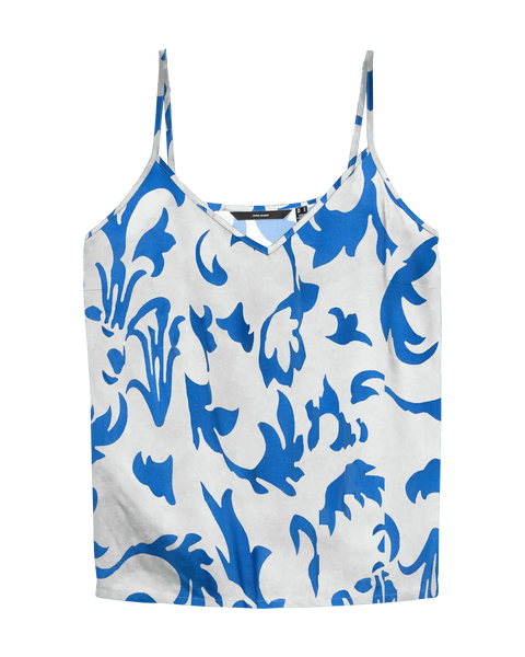 Elegant Mediterranean-inspired singlet with cobalt blue floral scroll print, lightweight fabric and relaxed vacation-ready fit.