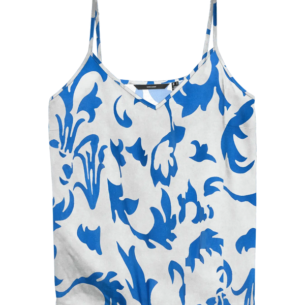 Elegant Mediterranean-inspired singlet with cobalt blue floral scroll print, lightweight fabric and relaxed vacation-ready fit.