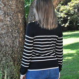 Minimalist striped knit sweater with lightweight fabric and timeless monochrome style for everyday layering fashion.