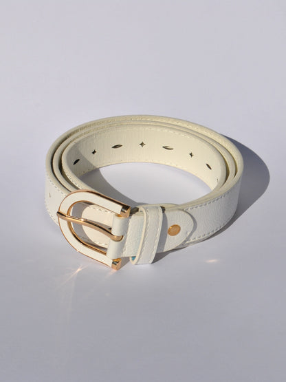 Women's adjustable faux leather belt with vibrant blue finish and polished gold hardware.