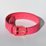 Chic bright pink belt featuring smooth texture and elegant metallic buckle detailing.