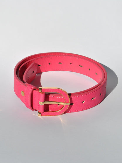 Chic bright pink belt featuring smooth texture and elegant metallic buckle detailing.