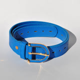 Women's  blue adjustable waist belt with gold trimmed buckle and smooth leather-look finish.