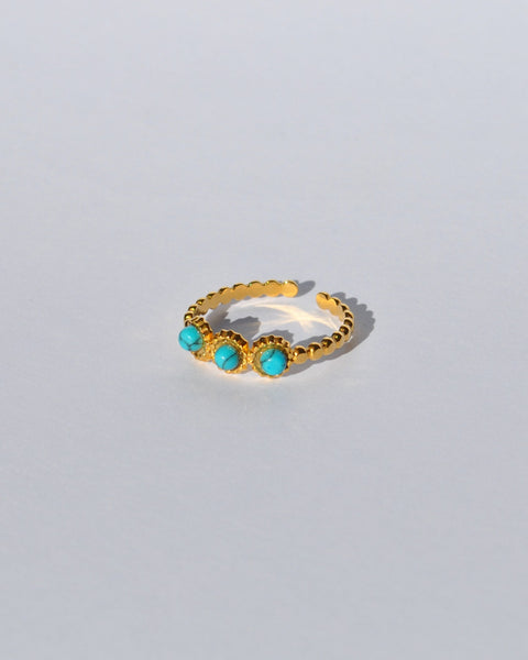 Women’s adjustable gold beaded ring featuring turquoise gemstone accents and minimalist stackable fashion jewelry design.