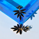 Luxury-inspired black petal earrings with sparkling faceted stones and elegant gold hardware for evening wear fashion.