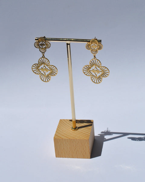 Luxury gold filigree drop earrings with floral clover design and elegant statement jewelry styling for women.