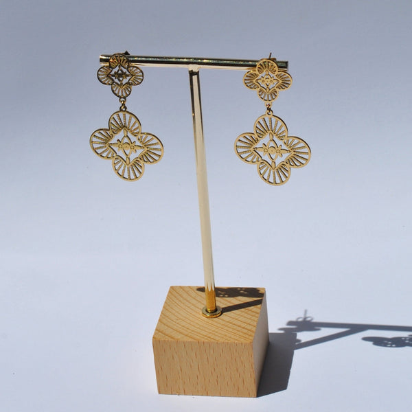 Luxury gold filigree drop earrings with floral clover design and elegant statement jewelry styling for women.