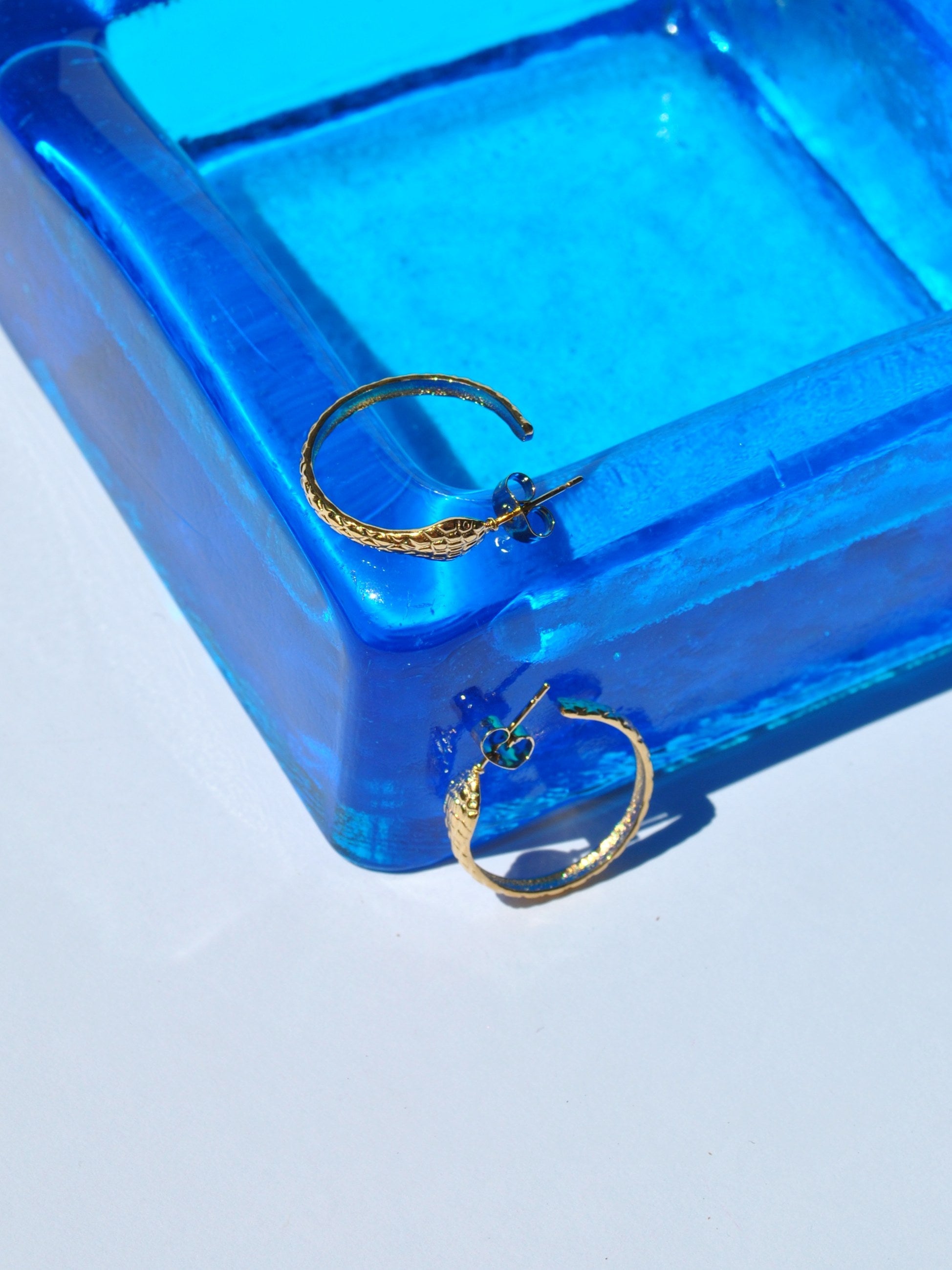 Modern women’s gold hoop jewelry with organic snake shaped embossed finish and polished luxe appearance for chic outfits.