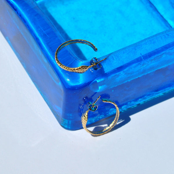Modern women’s gold hoop jewelry with organic snake shaped embossed finish and polished luxe appearance for chic outfits.