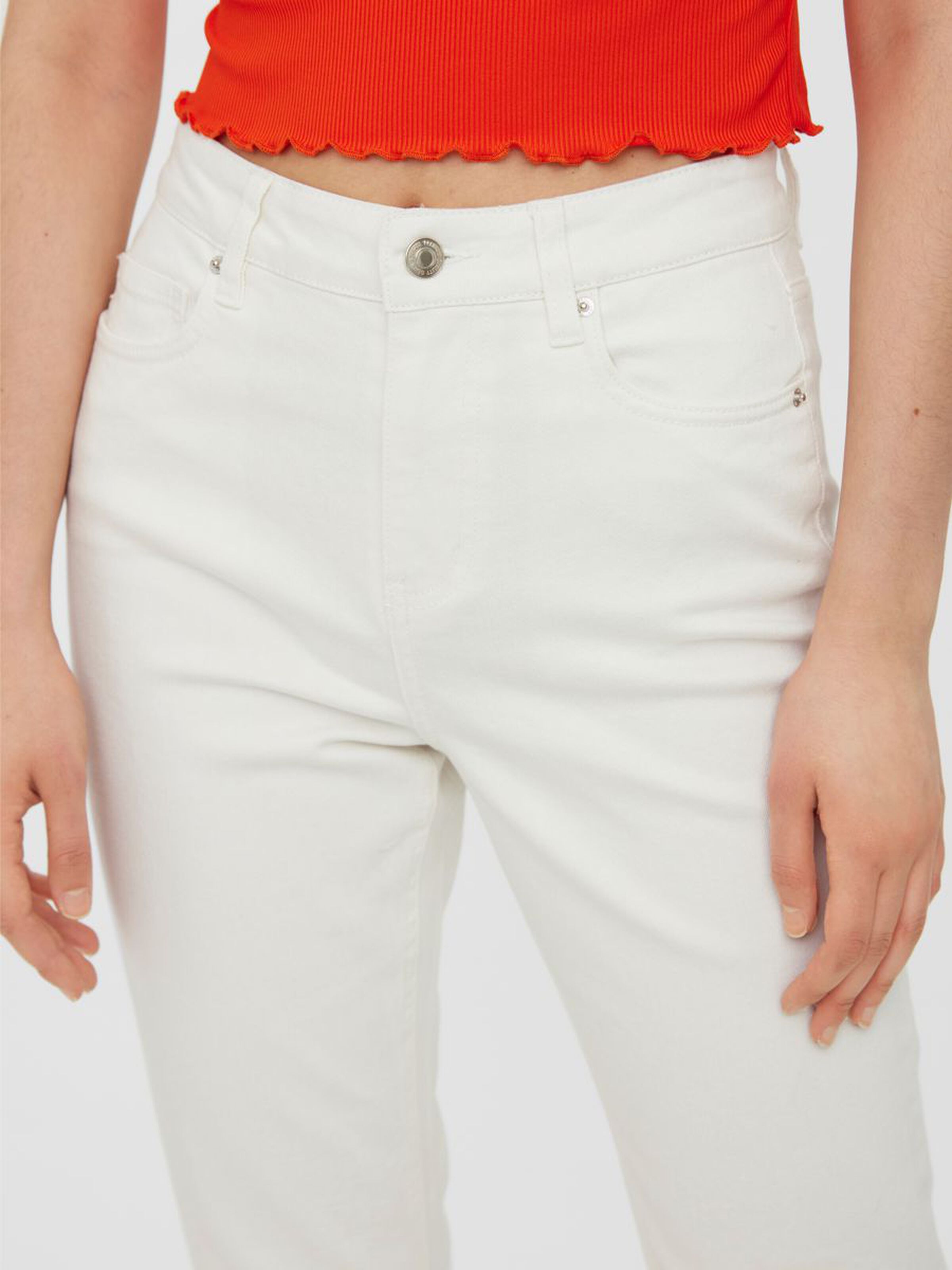Women's white straight leg jeans with high waist and classic five-pocket construction.