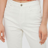 Women's white straight leg jeans with high waist and classic five-pocket construction.