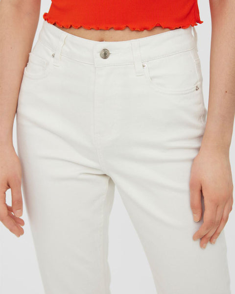 Women's white straight leg jeans with high waist and classic five-pocket construction.