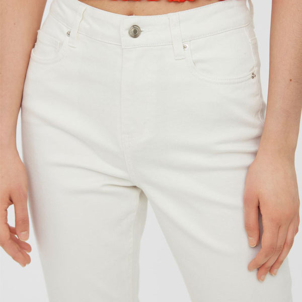 Women's white straight leg jeans with high waist and classic five-pocket construction.
