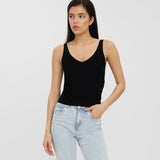 Women's fitted black knit tank with a modern minimalist design and soft stretch fabric.