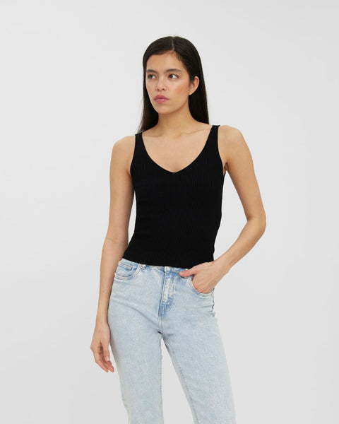 Women's fitted black knit tank with a modern minimalist design and soft stretch fabric.