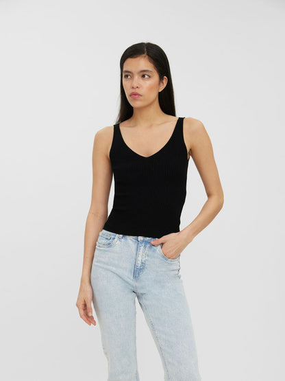 Women's fitted black knit tank with a modern minimalist design and soft stretch fabric.