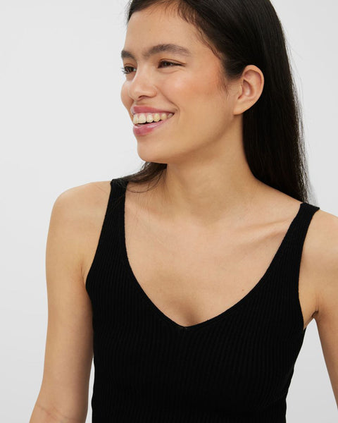 Sleek black sleeveless knit top with a flattering fit and wardrobe staple appeal.