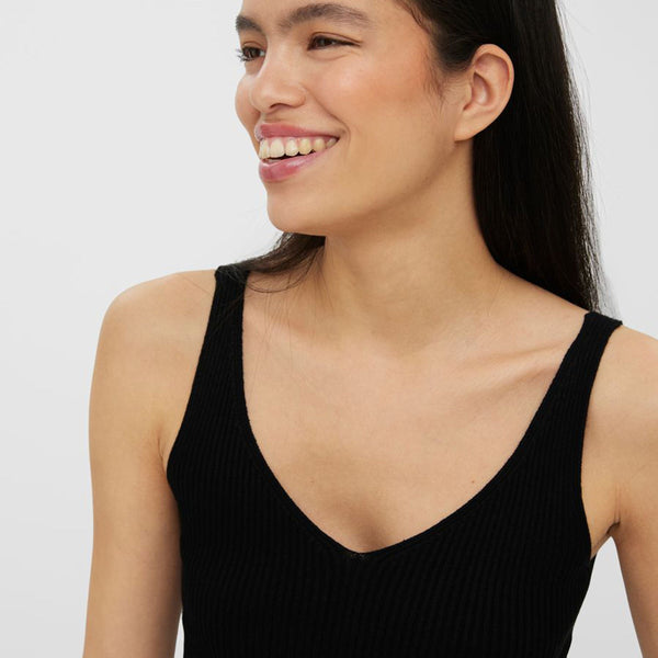 Sleek black sleeveless knit top with a flattering fit and wardrobe staple appeal.