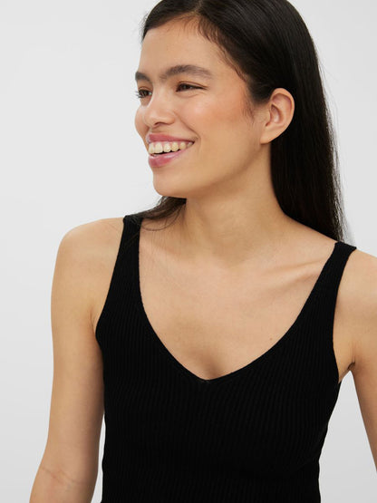 Sleek black sleeveless knit top with a flattering fit and wardrobe staple appeal.