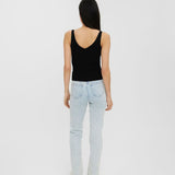 Women's black ribbed tank top with scoop neckline and flattering body-skimming silhouette.