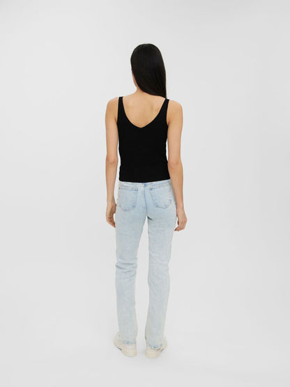 Women's black ribbed tank top with scoop neckline and flattering body-skimming silhouette.