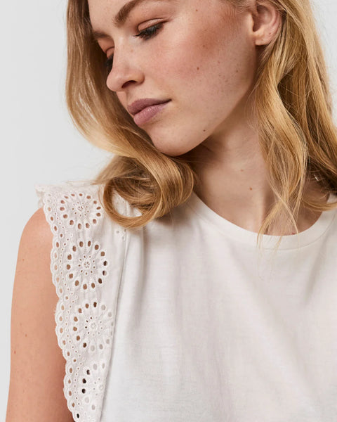 Women's white eyelet lace top featuring delicate embroidery and sleeveless silhouette.