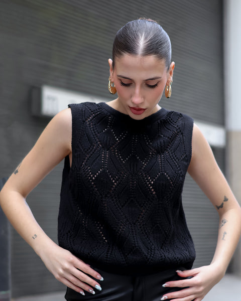 Trendy black pointelle knit top with breathable openwork design and refined boutique fashion styling.