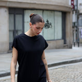Trendy women’s relaxed-fit black lounge dress with modern clean-girl fashion and sporty luxe vibe.