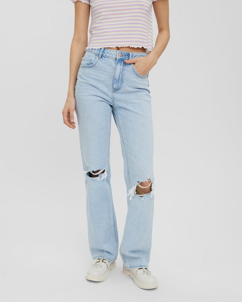 Women's relaxed fit denim jeans featuring a faded wash and modern distressed accents.