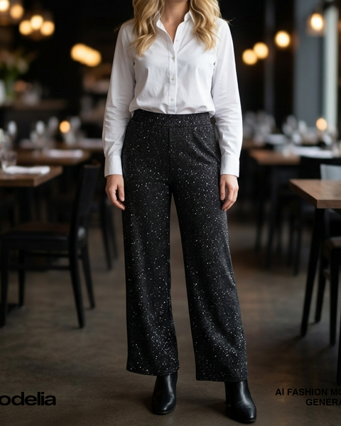 Women’s black metallic sparkle wide-leg pants for holiday parties, New Year’s Eve, and evening outfits.