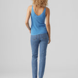 Women's essential blue tank top crafted from soft stretch knit fabric.
