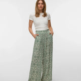 Lightweight boho palazzo pants featuring a soft all-over abstract pattern and relaxed flowing silhouette.