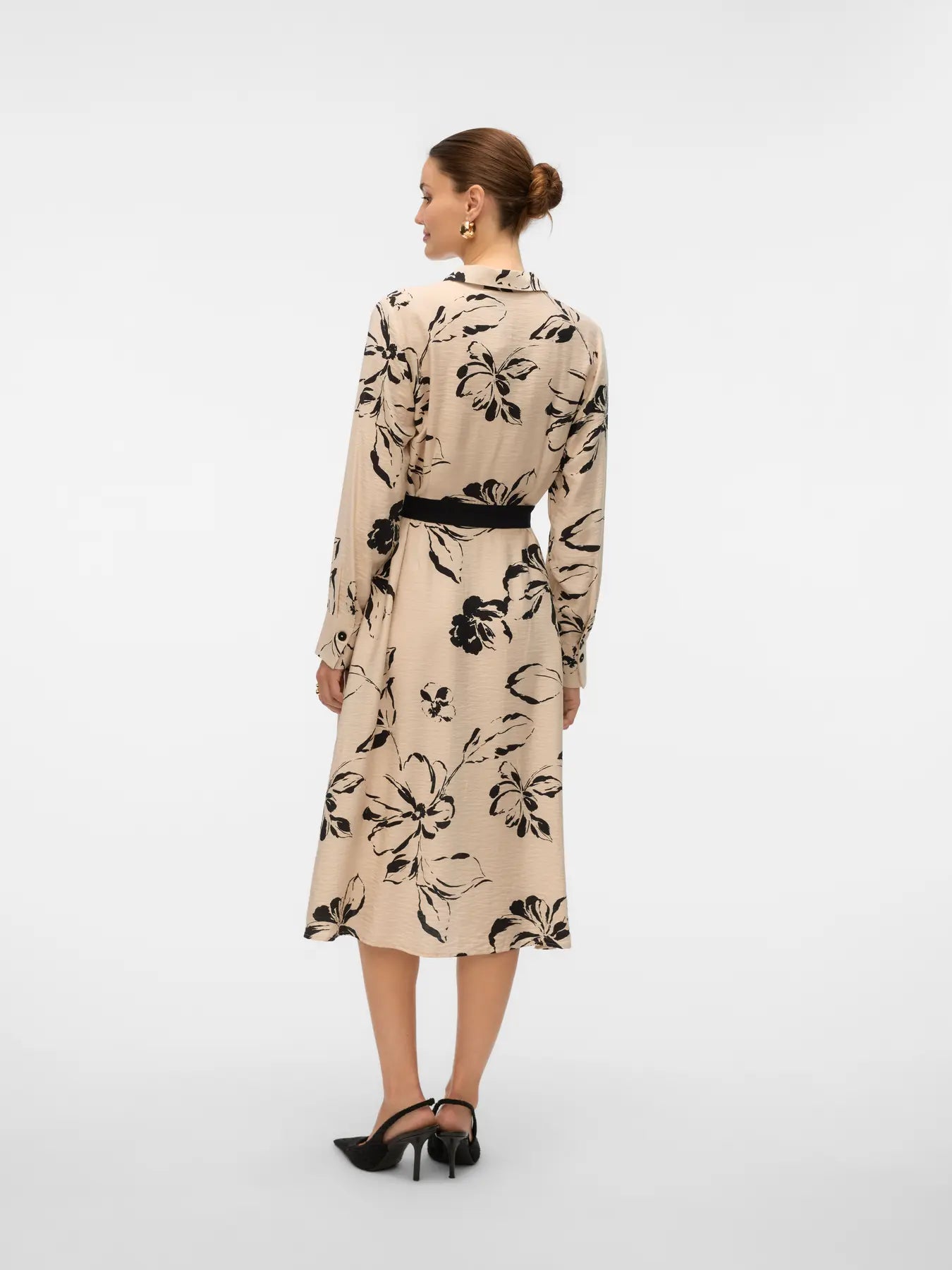 Beige and black floral shirt dress for women with long sleeves and a flattering tie-waist midi silhouette.