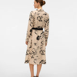 Beige and black floral shirt dress for women with long sleeves and a flattering tie-waist midi silhouette.