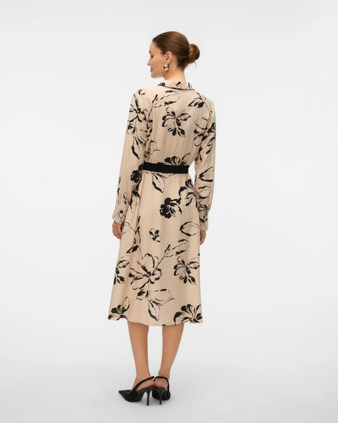 Beige and black floral shirt dress for women with long sleeves and a flattering tie-waist midi silhouette.