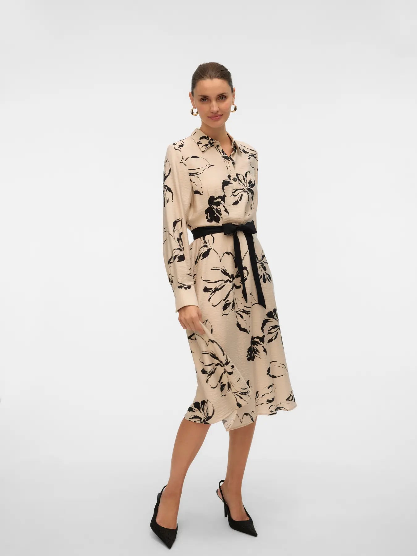 Boutique women's long-sleeve floral shirt dress with black waist tie for sophisticated work, dinner and special occasion styling.